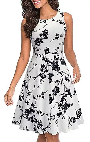 HOMEYEE Freizeit HOMEYEE Damen Vintage Rundhalsausschnitt ärmellosen Blumen Bestickt knielangen Cocktailkleid UKA079