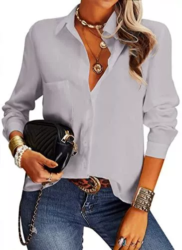 NONSAR Langarmblusen NONSAR Damen Bluse Elegant V-Ausschnitt Hemden Langarm Casual Arbeit Oberteile mit Knöpfen Hemd Lose Langarmshirt Einfarbig Tops