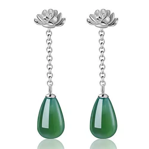 Springlight Schmuck ✦ Geschenke für Frauen ✦Springlight S925 Sterling Silber Natürlicher Achat Lotus Wassertropfen Grüne Ohrringe Tropfen Ohrringe Orientalischer Schmuck Personalisierte Geschenke.