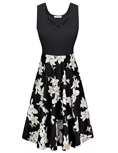 Moyabo Freizeit Moyabo Damen Kleider Sommer V-Ausschnitt Ärmelloses Vintage Midilänge Tank Kleid Blumen Strandkleid mit Taschen