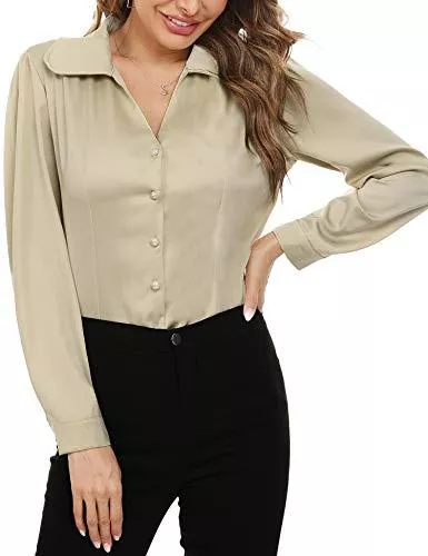Irevial Langarmblusen Irevial Damen Satin Vintage V-Ausschnitt Bluse Elegant Langarm Casual Oberteile Hemd Lose Langarmshirt Tops