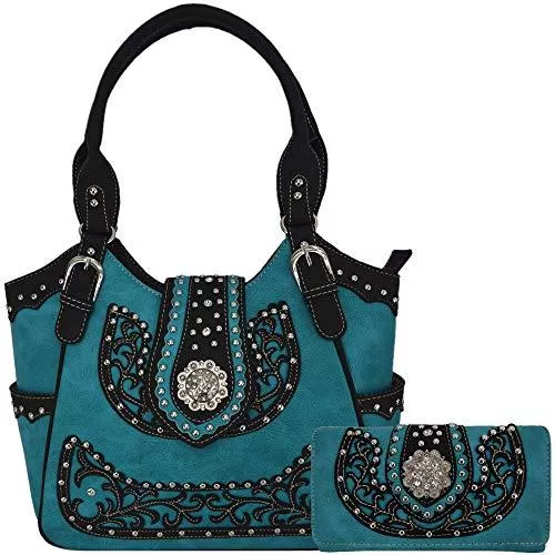 WESTERN ORIGIN Taschen & Rucksäcke Western-Stil Strass Concho West Verdeckte Tragetasche Landhaushandtasche Damen Schultertasche Brieftasche Set
