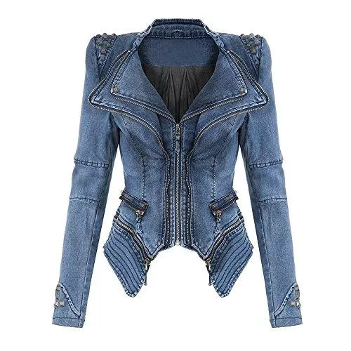 Meedot Jacken Meedot Damen Jeansjacke Mantel Blazer Bikerjacke Coat Punk Jacke Schulterpolster Oberteil Kurz Jacken Neit Denim Jacket Outwear Jacken Übergangsjacke Motorradjacke Schwarz Grün Blau S - XXL
