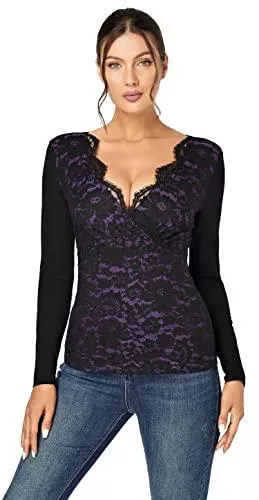 J.Corrine Langarmshirts J.Corrine Demen V-Ausschnitt Oberteile Sexy Spitze Bluse Tunika T Shirt