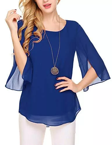 Beyove Langarmblusen Beyove Damen 3/4 Ärmel Elegant Chiffonbluse Langarmshirt Tunika Hemd Festlich Rundhalsausschnitt Oberteile Tops
