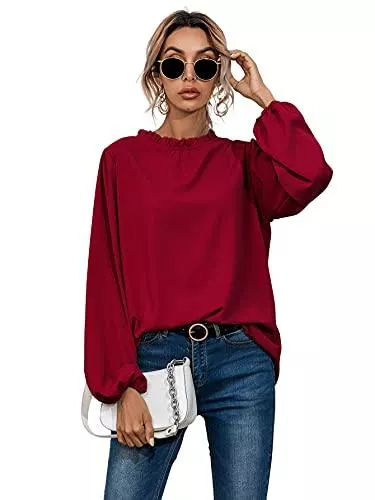 SheIn Langarmblusen SheIn Damen Elegant Bluse mit Rüschen-Kragen Langarm Oberteil Blusen Chiffonbluse Herbst Tunika Pollover Bishop Ärmel