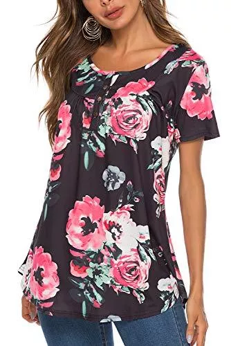 Bequemer Laden Kurzarmblusen Bequemer Laden Damen Casual T-Shirt Knopfleiste Kurzarm V-Ausschnitt Bluse Longshirt Elegant Oberteile Einfarbig/Blumen Tunika Top Hemd Sommer Frühling