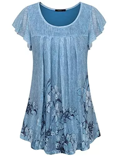 VAFOLY Kurzarmblusen Vafoly Damen Kurzarm Bluse Shirts Blumen Mesh Rundhals Falten Tunika Oberteile
