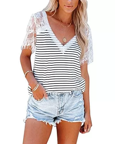 Onfettic T-Shirts Onfettic T-Shirt Damen Sommer Spitze V-Ausschnitt Kurzarm Tee Shirts Casual Lose Oberteile Top