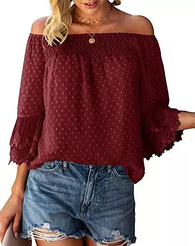 Bequemer Laden Langarmblusen Bequemer Laden Damen Sommer Casual Bluse Elegant Oberteile Schulterfrei 3/4 Trompetenärmel Swiss Dot Spitze Tunika Tshirt Top