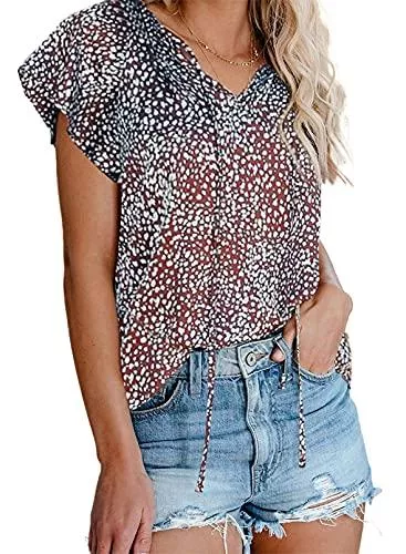 Dokotoo Ärmellose Blusen Dokotoo Damen Bluse Sommer Blumen Kurzarm Tunika Boho Lose V-Ausschnitt Oberteile T-Shirt Tops S-2XL