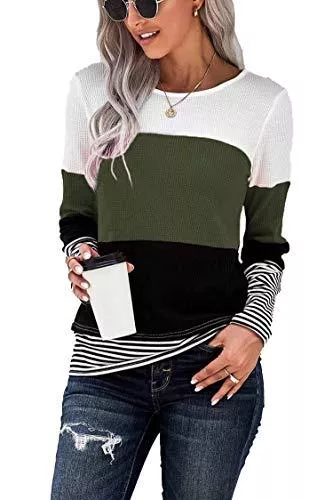 FANGJIN Pullover & Strickmode FANGJIN Pullover Damen Bluse Langarmshirt Tunika Farbblock Tshirt Oberteile Tops