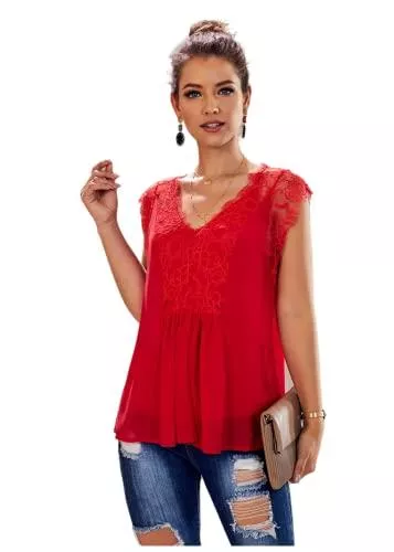 Meufam Ärmellose Blusen Damen Tank Top Sommer Ärmellose Blusentop Elegant Spitzen V-Ausschnitt Weste Top Casual Shirt Tops Bluse