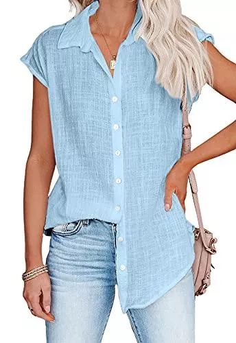Hiistandd Kurzarmblusen Hiistandd Damen Kurzarm Leinen V-Ausschnitt T Shirts Lose Button unten Tunika Shirts Solide Bluse Freizeit Business Office Tops