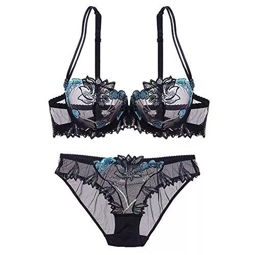 WHSS Unterwäsche & Dessous WHSS Dessous-Sets Damen Unterwäsche-Set Dünn Up bestickte Spitze Dessous Sexy Perspektive Transparent Durchsichtig BH und Höschen Set für große Brust (Farbe: Schwarz, Größe: 80B=34B=75B)