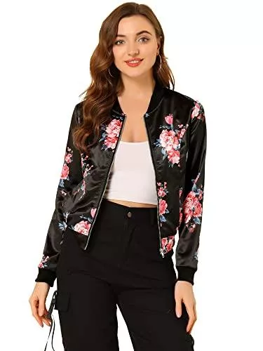 Allegra K Jacken Allegra K Damen Langarm Stehkragen Blouson Blumen Bomberjacke Jacke