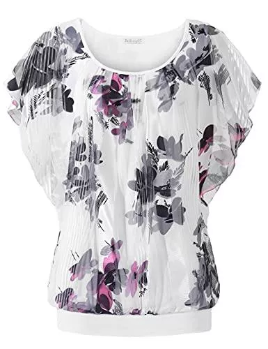 BAISHENGGT Kurzarmblusen BAISHENGGT Damen Falten Kurzarm Tunika Batwing Rundkragen Bluse