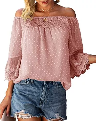 Bequemer Laden Langarmblusen Bequemer Laden Damen Sommer Casual Bluse Elegant Oberteile Schulterfrei 3/4 Trompetenärmel Swiss Dot Spitze Tunika Tshirt Top