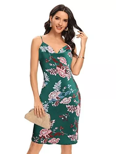 Laughido Freizeit Laughido Damen Satin Spaghettiträger Blumenmuster Freizeit Bleistiftkleid Rückenfrei Ärmellos Camisole Knielang Partykleid