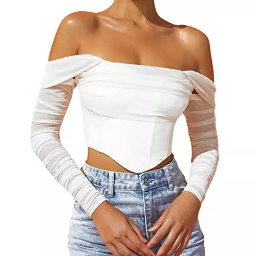 Erllegraly Tops Erllegraly Damen Off Shoulder Push Up Mesh Bustier Top Rückenfreies Langarm Korsetts Crop Tops Cocktail Clubwear