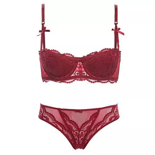 ZYDP Unterwäsche & Dessous ZYDP Frauen Push-Up-Halbschalen-Bügel-BH und Panty Set Spitze weicher Baumwolle Cup Dessous Set