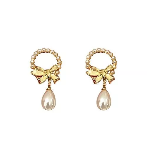 Gflyme Schmuck Drop Ohrringe,Ohrringe für Mädchen, 925 Silbernadel Japanisch-koreanischer Stil Bowknot Perlenohrringe Hohler Kreis Wassertropfen Ohrringe