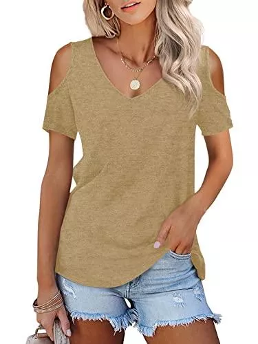 Beluring T-Shirts Beluring Damen Tshirts Schulterfrei V-Ausschnitt Oberteile Sommer Bluse Shirts