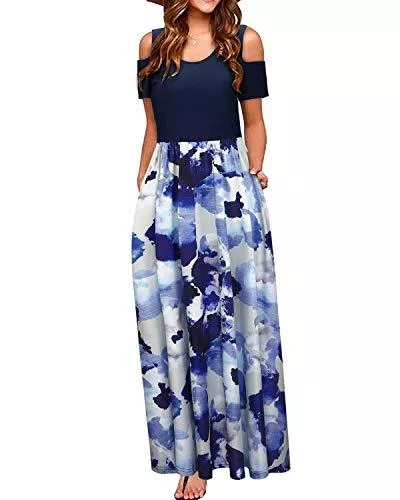 STYLEWORD Freizeit STYLEWORD Damen Sommerkleid Schulter Maxikleid Blumendruck Freizeitkleid Casual Lange Kleider mit Taschen