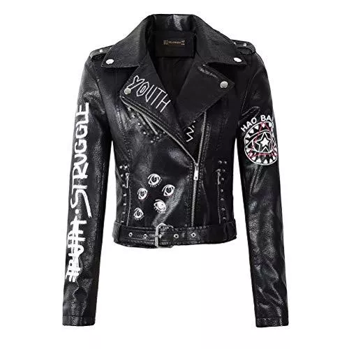 XZYP Jacken TrusMe Weiche Kunstlederjacken mit Nieten und Reißverschluss, 3D-Druck, für Motorrad, Streetwear, Schwarz, Größe S