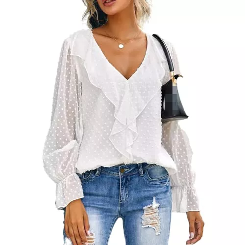 JJSUnS Langarmblusen JJSUnS Blusen für Frauen Casual Chiffon Bluse Rüschen Tops Elegant V Ausschnitt Einfarbig Langarm Bluse Tunika Shirts