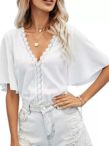 SheIn Kurzarmblusen SheIn Damen Blusen Spitzen V-Ausschnitt Chiffonbluse Oberteil Schmetterlingärmeln Elegant Kurzarm Hemd Tops Bluse