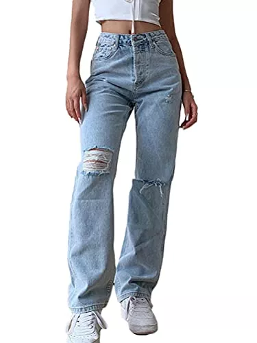 Minetom Jeans Minetom Damen High Waist Jeans Stretch Jeanshose Zerrissen Destroyed Loose Fit Jeanshose Boyfriend Denim Gerade Hose