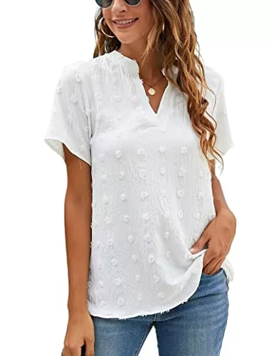 CLOUSPO Kurzarmblusen CLOUSPO Tunika Damen Kurzarm Blusen Sommer Chiffon Blusen Damen T Shirt mit V Ausschnitt Sommer Oberteile mit Tupfen für Freizeit Tunika