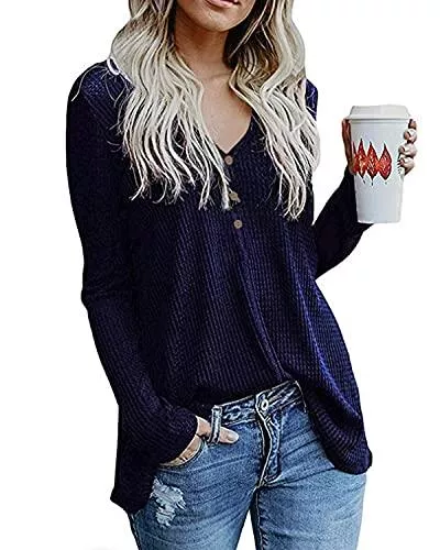 OUGES Langarmshirts OUGES Damen Langarm V-Ausschnitt Oberteile Pullover Tunika Bluse Waffelstrick Knopfleiste Henley Shirts