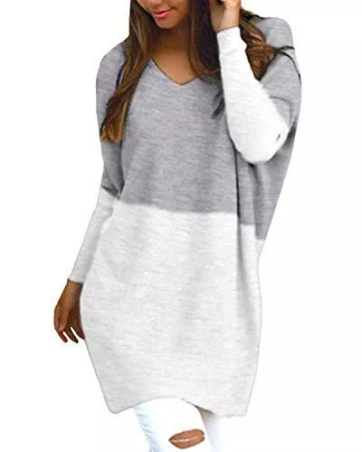Style Dome Pullover & Strickmode Style Dome Damen Pullover Langarm Tunika Casual Longpullover Bluse V-Ausschnitt Loose Patchwork