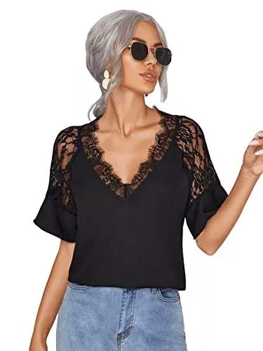 SheIn Kurzarmblusen SheIn Damen Elegant Spitzen Blusen Kurzarm Oberteil Volant Ärmel Spitzenshirt Tunika mit V-Ausschnitt