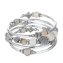 Bulinlin Schmuck Silber Wickelarmband mit Naturstein Perlen Boho Mehrschichtiges Damen Armbänder Geburtstags Modegeschenk für Frauen