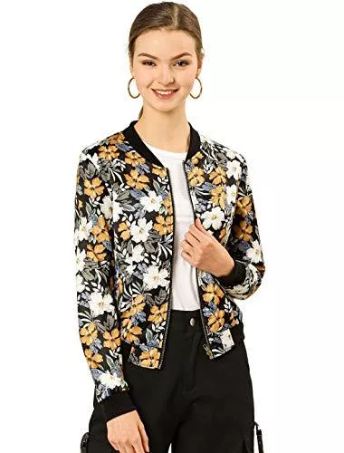 Allegra K Jacken Allegra K Damen Langarm Stehkragen Blouson Blumen Bomberjacke Jacke