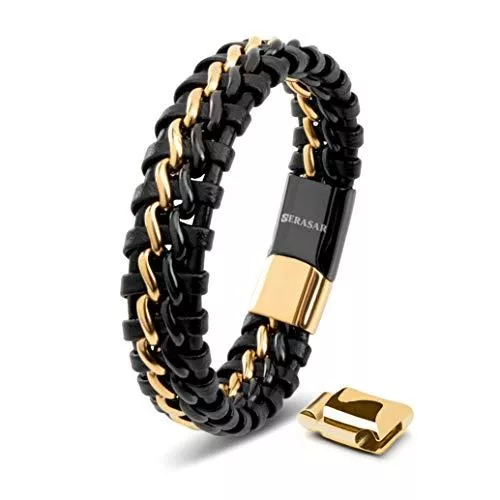 SERASAR Schmuck SERASAR Premium Echtlederarmband für Männer [Steel] in Schwarz | Magnetverschluss aus Edelstahl in Schwarz, Silber &amp; Gold | Inklusive Schmuckschachtel | Tolle Geschenkidee