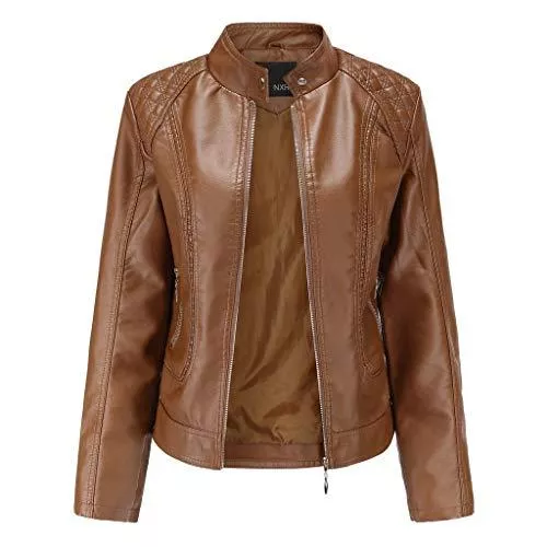 MEITING Jacken MEITING Damen Leder Bikerjacke mit Reißverschluss Damen Casual Bikerjacke aus Kunstleder PU Leder Motorradjacke Retro Winddicht Stehkragen Kunstlederjacke Freizeitjack Lederjacke Leichte Jacke