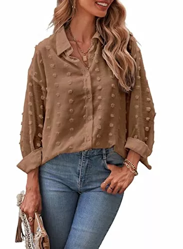 APOONABA Langarmblusen APOONABA Blusen Damen Langarm Chiffon mit Knöpfen V Ausschnitt Hemd Damen Elegant Swiss Dot Oberteile Blusen Elegant Frühling Sommer S-XXL