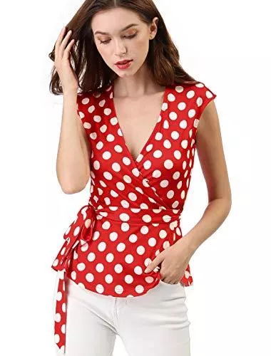 Allegra K Ärmellose Blusen Allegra K Damen Ärmellos V Neck Wickel Polka Dots Top Bluse