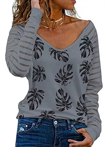 Dokotoo Langarmshirts Dokotoo Damen Oberteile Streifen Mesh Langarmshirt Casual V-Ausschnitt Bluse Shirt Tops S-XXL