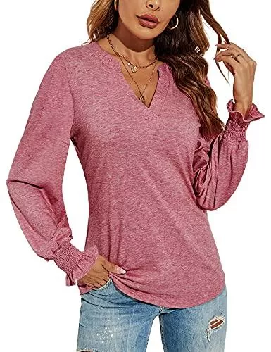 Avoogue Langarmshirts Avoogue Basic T-Shirt Damen V Ausschnitt,Sommer Casual Langarm Tshirt Damen Bluse &amp; Einfarbig Elegant T Shirts Blusen
