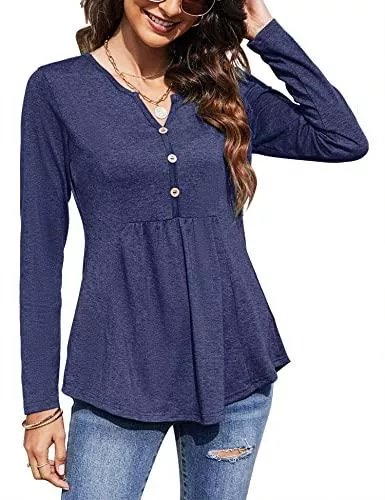 EFFAN Langarmblusen EFFAN T-Shirt Damen V-Ausschnitt Knopfleiste Bluse Solide Tunika Plissiert Oberteile Langarm Elegant Tops