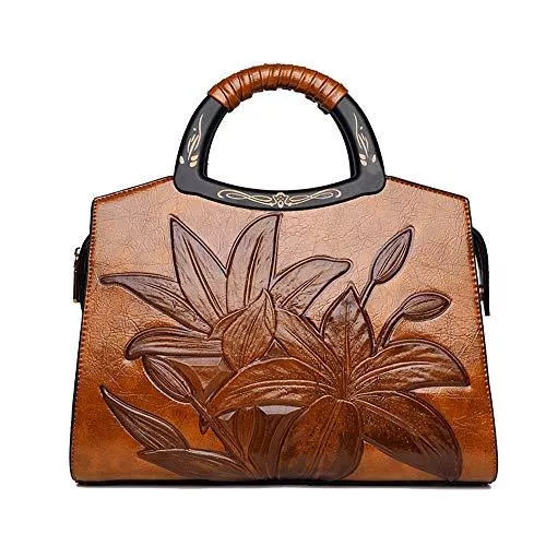 Coolives Taschen & Rucksäcke Coolives Damen Handtasche Klassische Blumenprägung Henkeltasche Holz Henkel Umhängetasche Schultertasche Braun EINWEG
