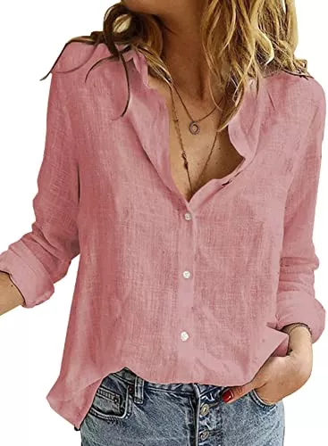 Uusollecy Langarmblusen Uusollecy Bluse Damen Sommer, Langarm V-Ausschnitt Blusehemd, Casual Baumwolle Button-down Langarmshirt, Einfarbig Loose Oberteile Tops Shirts Für Frauen Teen Girls