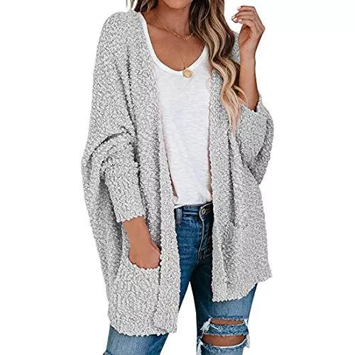 Shujin Strickjacken Shujin Damen Langarm Strickjacke Lose Sweater Fuzzy Coat V Ausschnitt Plüschjacke Oversize Strickmantel Strickpullover Warm Cardigan Outerwear mit Taschen
