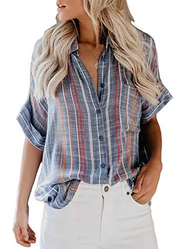 Modasua Kurzarmblusen Modasua Damen Bluse Kurzarm Hemd Blusenshirt gestreiftes Hemd V-Ausschnitt Hemd Casual Oberteile Tops Boyfriend Tunika T-Shirt