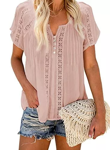 Dokotoo Kurzarmblusen Dokotoo Damen Bluse Sommer Kurzarm Oberteile Spitzen Aushöhlen T-Shirt Casual V-Ausschnitt Shirts Tops S-XXL